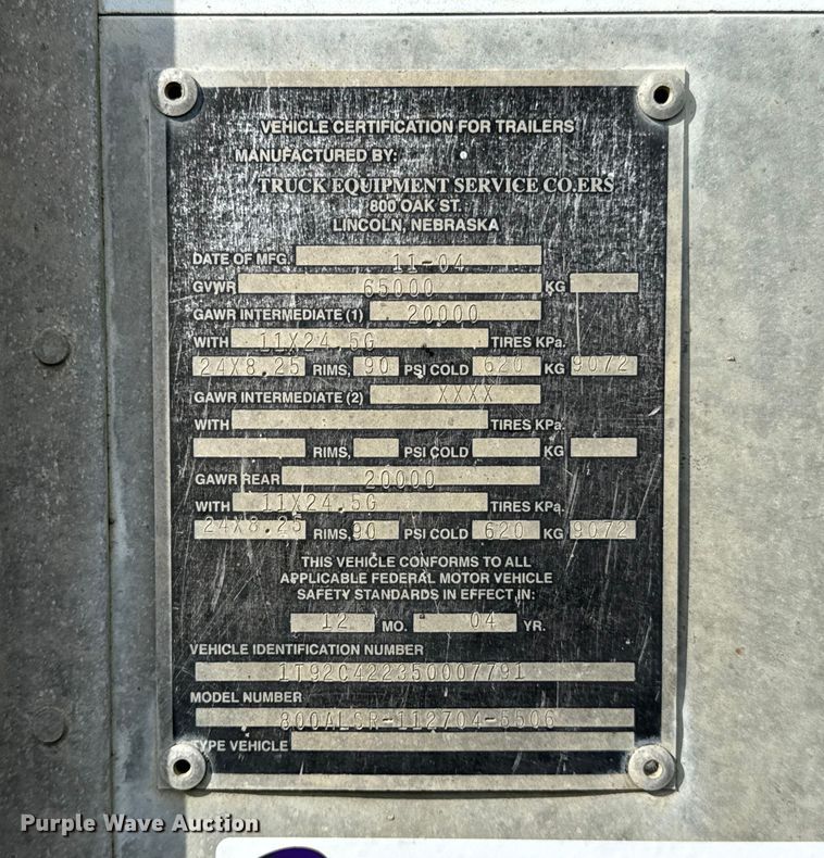 image for item ER0195 2005 Cornhusker ALSR-112704-5506 grain trailer