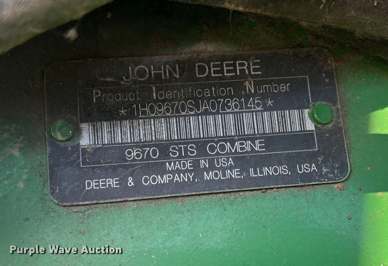 image for item EV3165 John Deere 9670 STS RWA combine