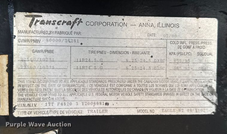 image for item DO2273 2000 Transcraft Eagle W2 flatbed trailer