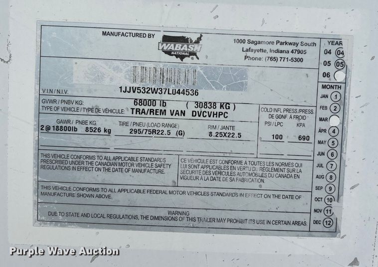 image for item DU1396 2007 Wabash DVCVHPC dry van trailer