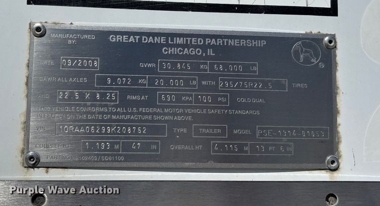 image for item DU1397 2009 Great Dane PSE-1314-01053 dry van trailer