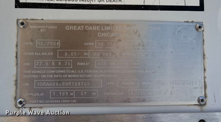 image for item DU1397 2009 Great Dane PSE-1314-01053 dry van trailer