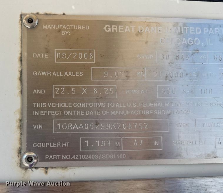 image for item DU1397 2009 Great Dane PSE-1314-01053 dry van trailer