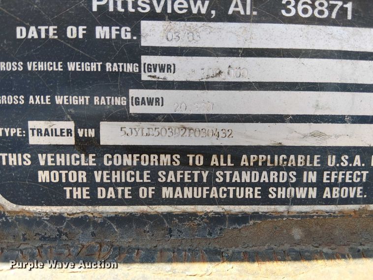 image for item DU3647 2003 Lowboy drop deck equipment trailer