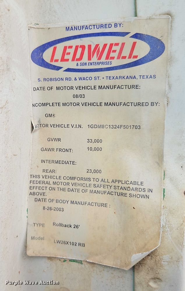 image for item EB8374 2004 GMC C8500 rollback truck