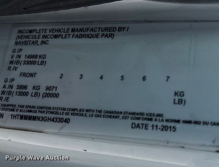 image for item ED2279 2016 International 4300 truck cab and chassis