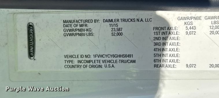 image for item EF2200 2016 Freightliner Business Class M2 box truck