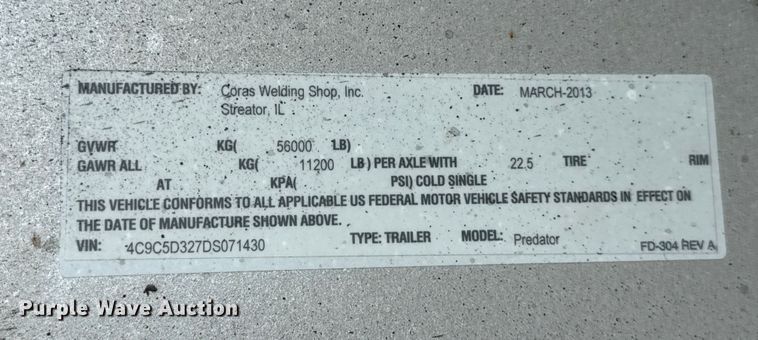 image for item EF2234 2013 Coras Predator end dump trailer