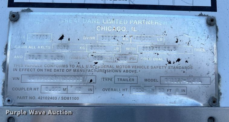 image for item EM6115 2004 Great Dane 7411TP-101AL dry van trailer