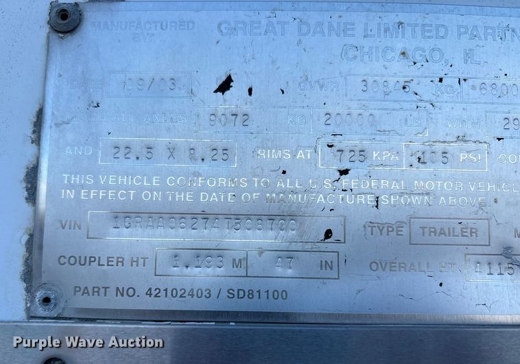 image for item EM6115 2004 Great Dane 7411TP-101AL dry van trailer