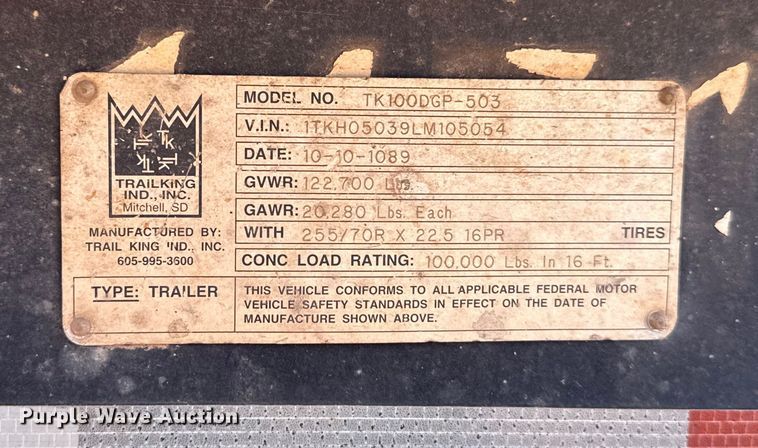 image for item EU5087 1990 Trail King TK100DGP-503 lowboy equipment trailer