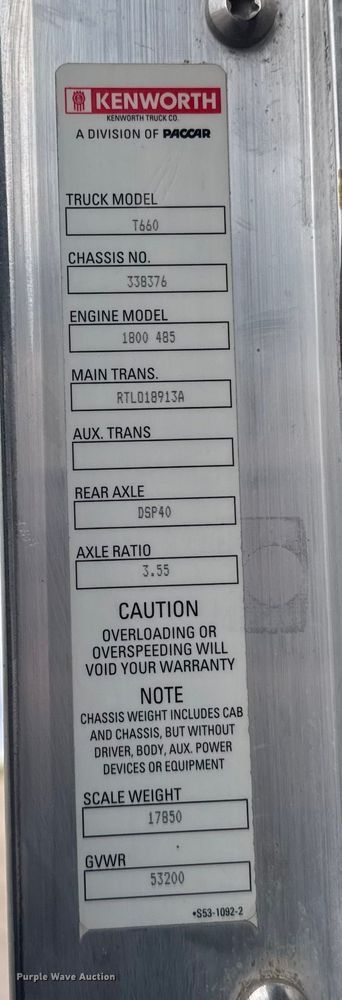 image for item EU6095 2012 Kenworth T660 semi truck