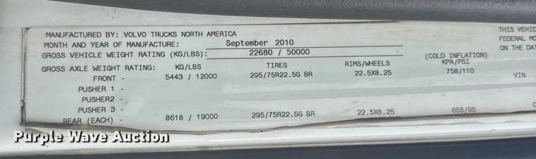 image for item EU6264 2011 Volvo VNL semi truck