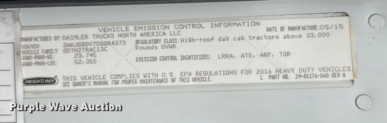 image for item EU6265 2016 Freightliner  Cascadia 113 semi truck