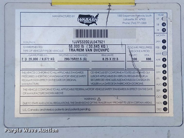 image for item YA1034 2018 Wabash DVCVHPC dry van trailer