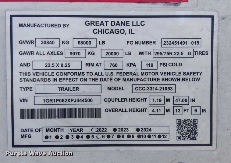 image for item YA1036 2023 Great Dane CCC-3314-21053 dry van trailer