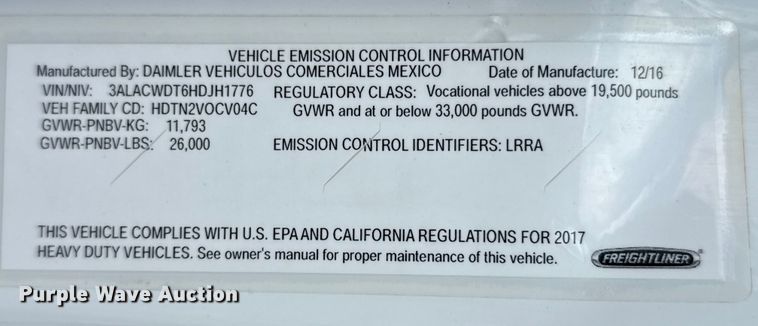 image for item YA1053 2017 Freightliner Business Class M2 refrigerated truck