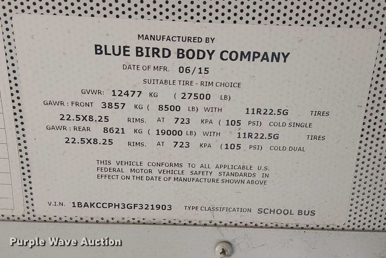 image for item DJ7851 2016 BlueBird Vison school bus