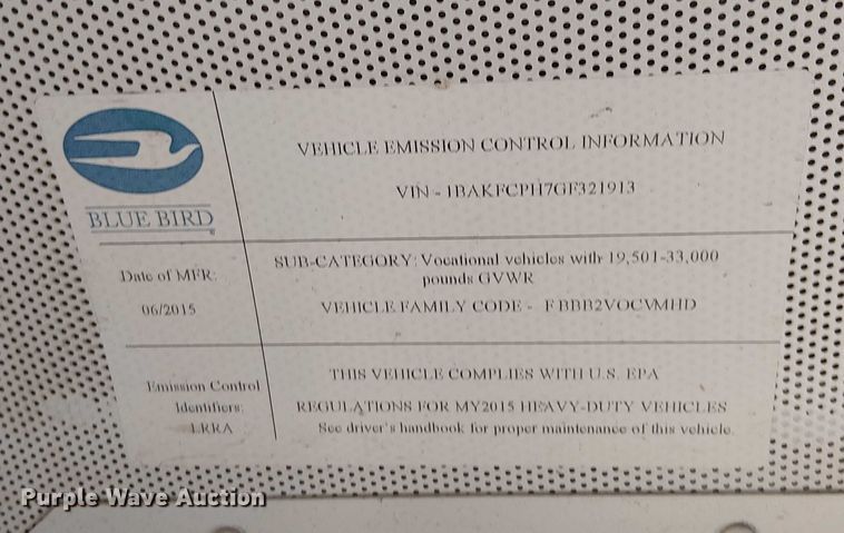 image for item DJ7852 2016 BlueBird Vison school bus