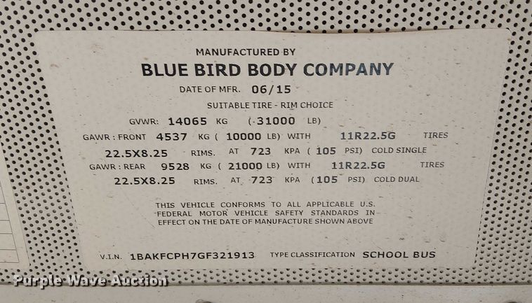 image for item DJ7852 2016 BlueBird Vison school bus