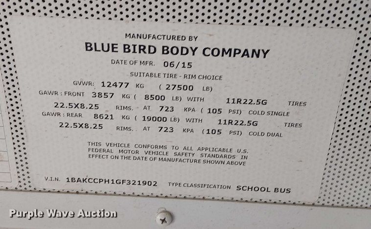image for item DJ7854 2016 BlueBird Vision school bus