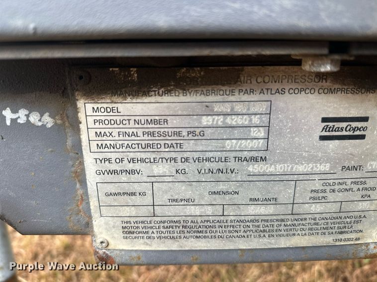 image for item DW4278 2007 Atlas Copco XAS 185JD7 air compressor
