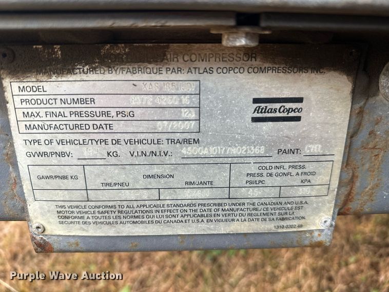 image for item DW4278 2007 Atlas Copco XAS 185JD7 air compressor