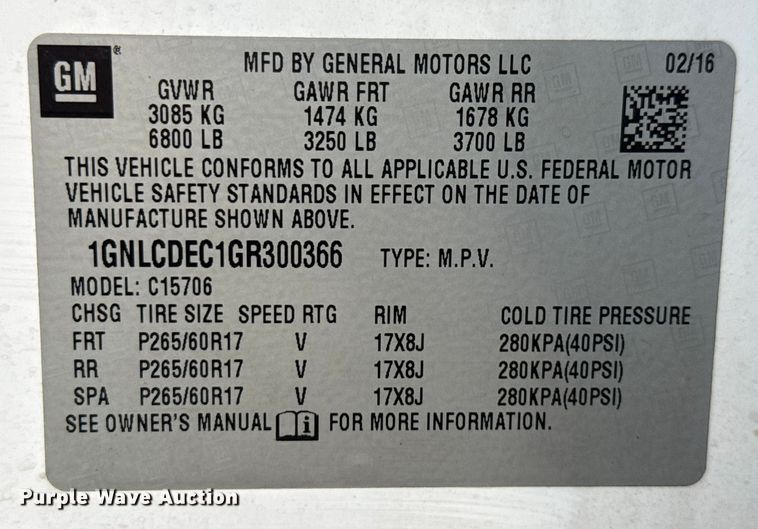 image for item DX5765 2016 Chevrolet Tahoe Police SUV