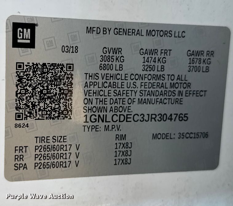 image for item DX5772 2018 Chevrolet Tahoe Police SUV