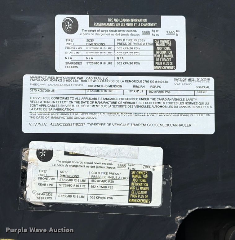 image for item DX5862 2018 Load Trail equipment trailer