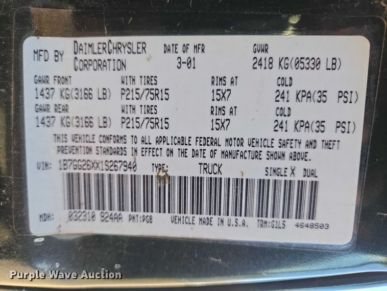 image for item DY1445 2001 Dodge Dakota pickup truck