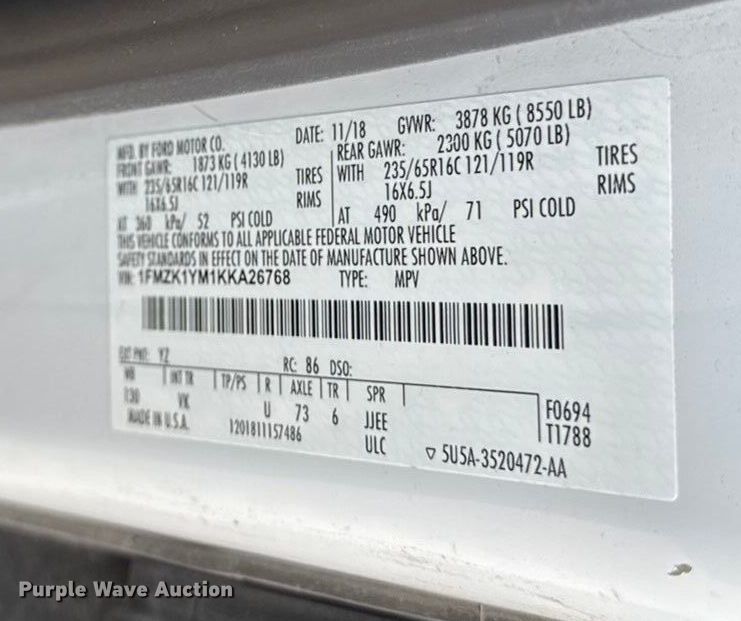 image for item DY8298 2019 Ford Transit 150 van