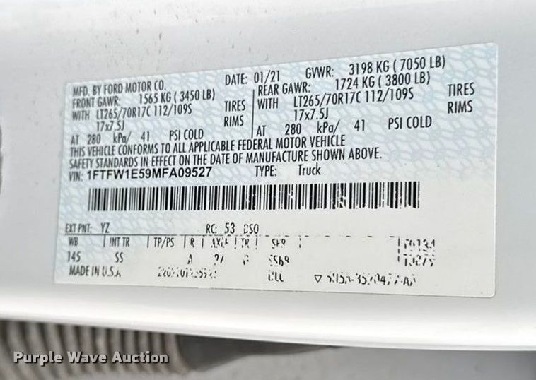 image for item DY8299 2021 Ford F150 XL SuperCrew pickup truck