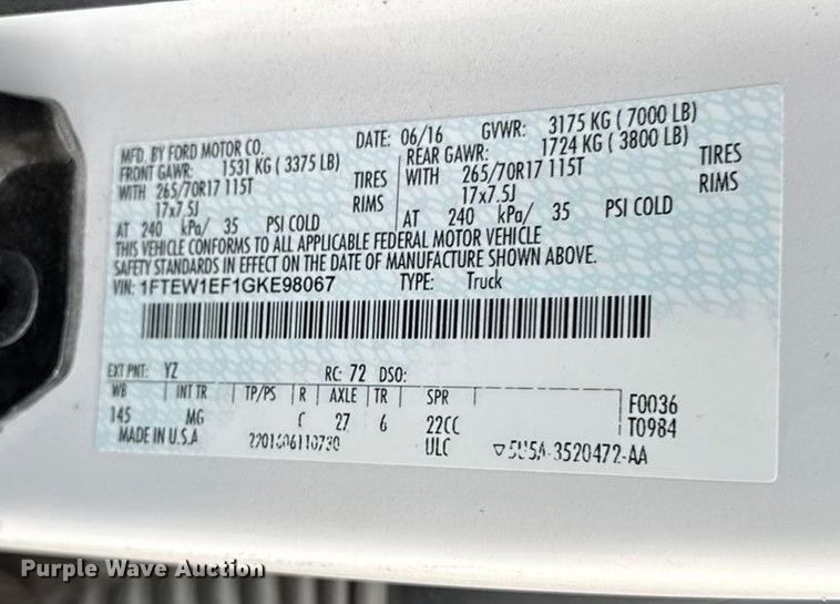 image for item DY8301 2016 Ford F150 XLT SuperCrew pickup truck