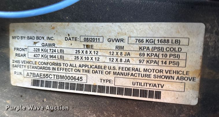 image for item DY8310 2011 Bad boy MTV1500 utility vehicle