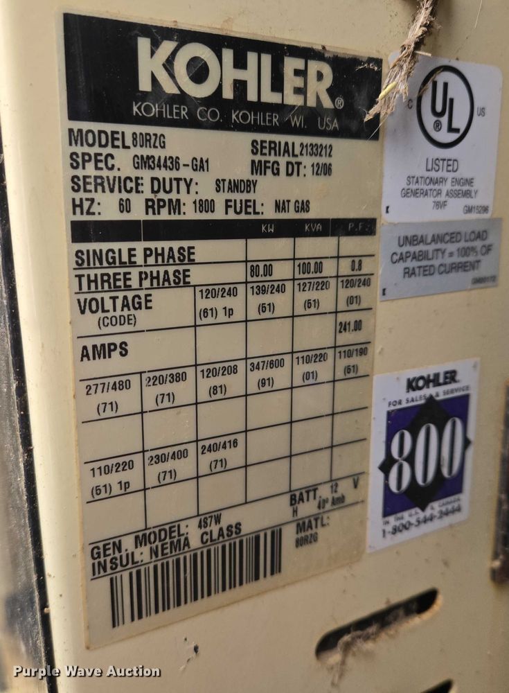 image for item EB1114 Kohler Powersystems 80 generator