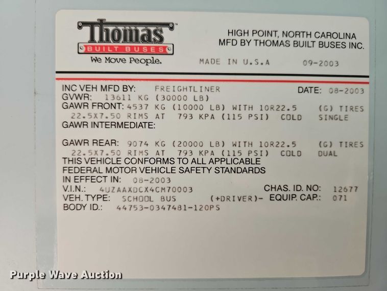 image for item EB8398 2004 Thomas Built school bus