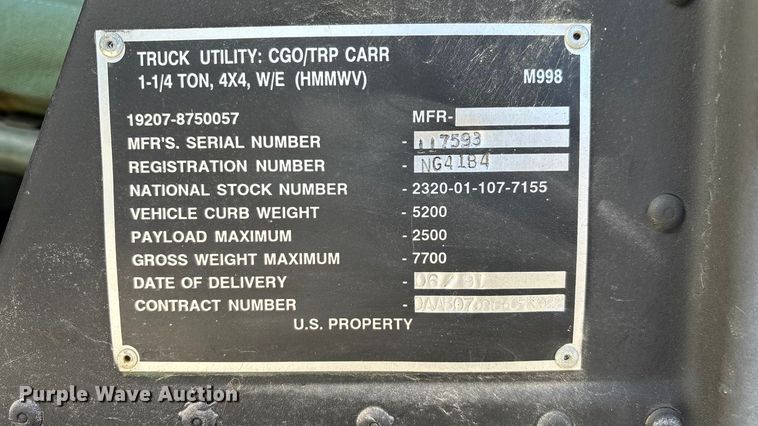 image for item ED2311 1991 AM General M998 SUV