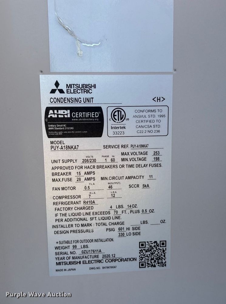 image for item EE4168 Mitsubishi electric PUY–A18NKA7 AC unit