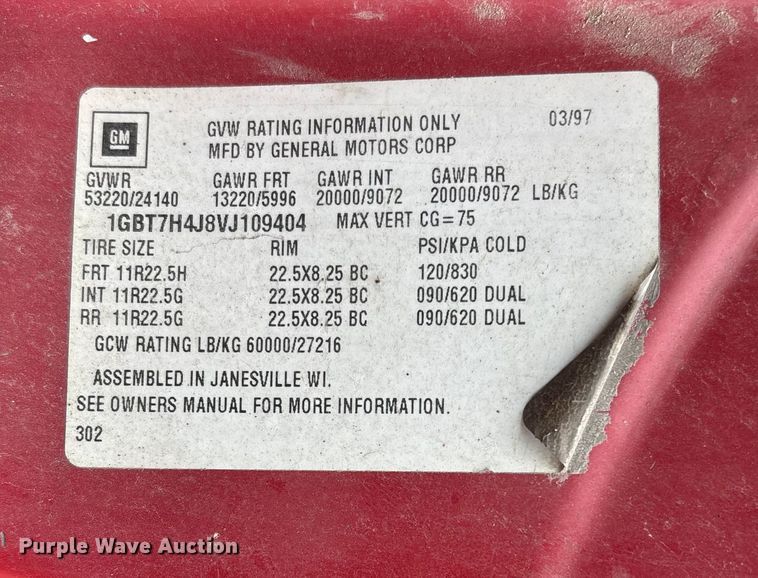 image for item EJ7684 1997 Chevrolet C7500 dump truck