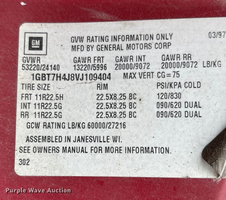 image for item EJ7684 1997 Chevrolet C7500 dump truck