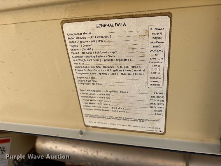 image for item ET7111 1998 Ingersoll Rand P100WJD air compressor