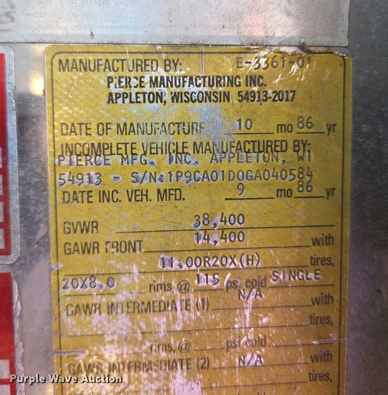 image for item EU3879 1986 Pierce Arrow pumper fire truck