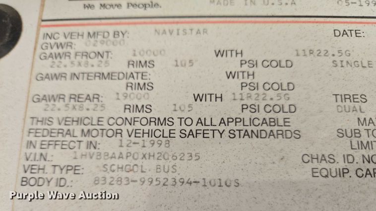 image for item EU3917 1999 International 3800 school bus