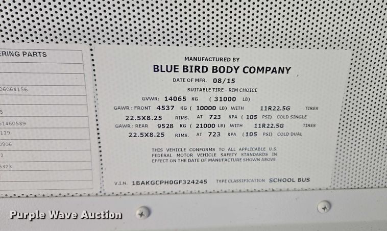 image for item EU3927 2016 Blue Bird Vision school bus