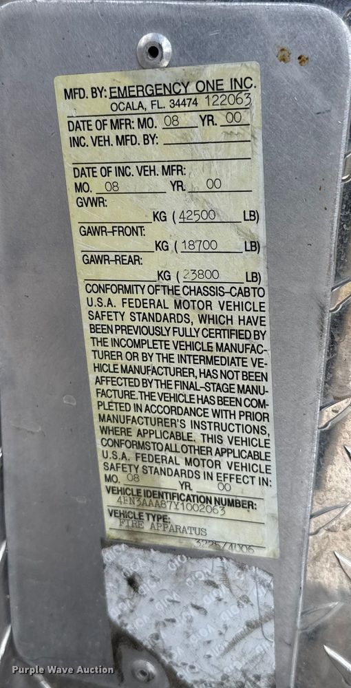 image for item EU5082 2000 E-One pumper fire truck