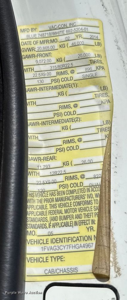 image for item EU5117 2015 Freightliner 114SD sewer jetter truck