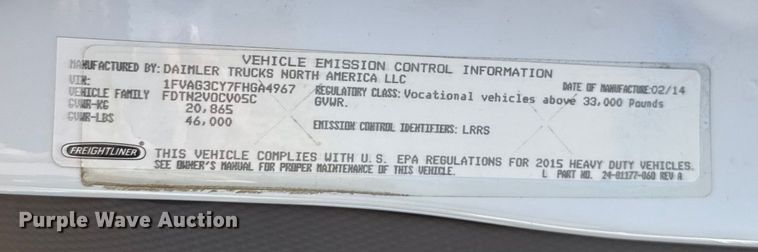 image for item EU5117 2015 Freightliner 114SD sewer jetter truck