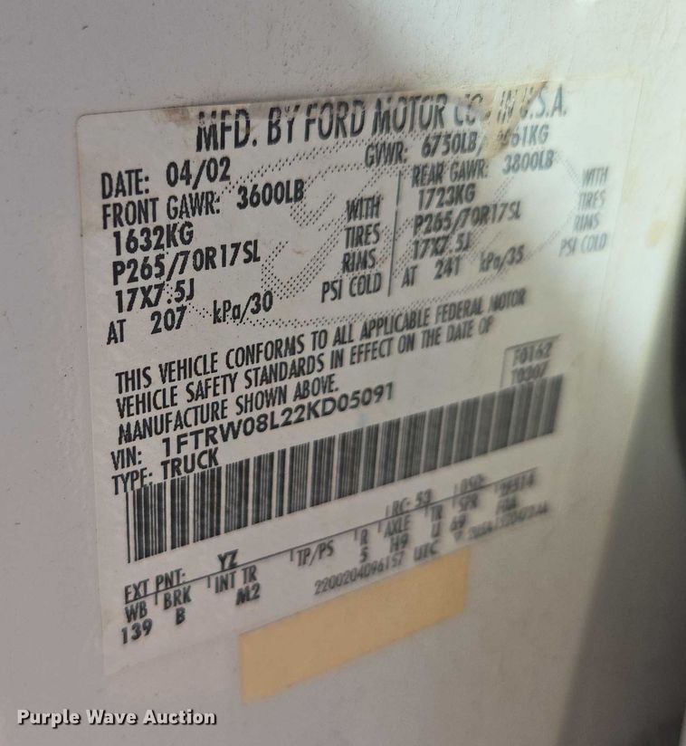 image for item EV5408 2002 Ford F150 SuperCab pickup truck