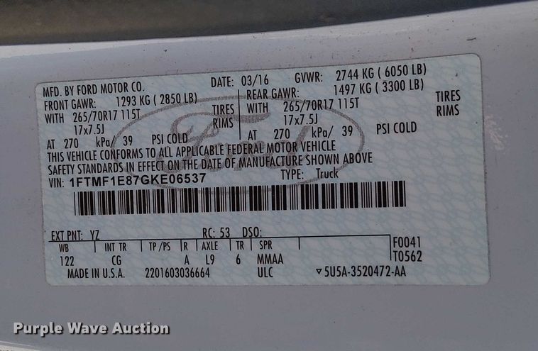 image for item EV5411 2016 Ford F150 pickup truck